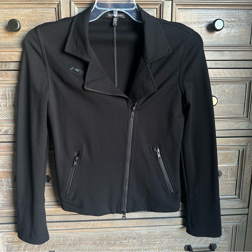 Eileen Fisher Ponte Knit Moto Jacket Asymmetrical Zip Pockets Black Womens XS